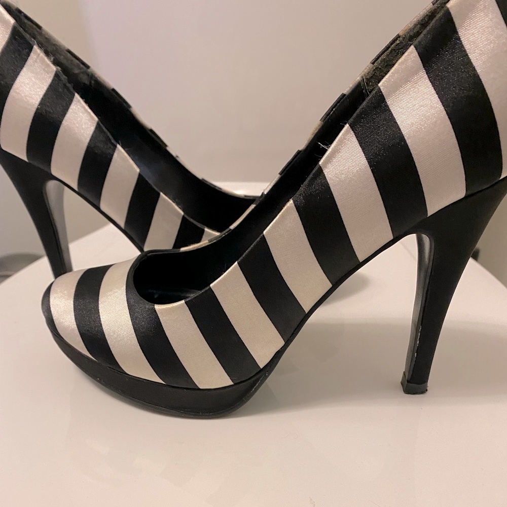 Black and white striped heels with small platform